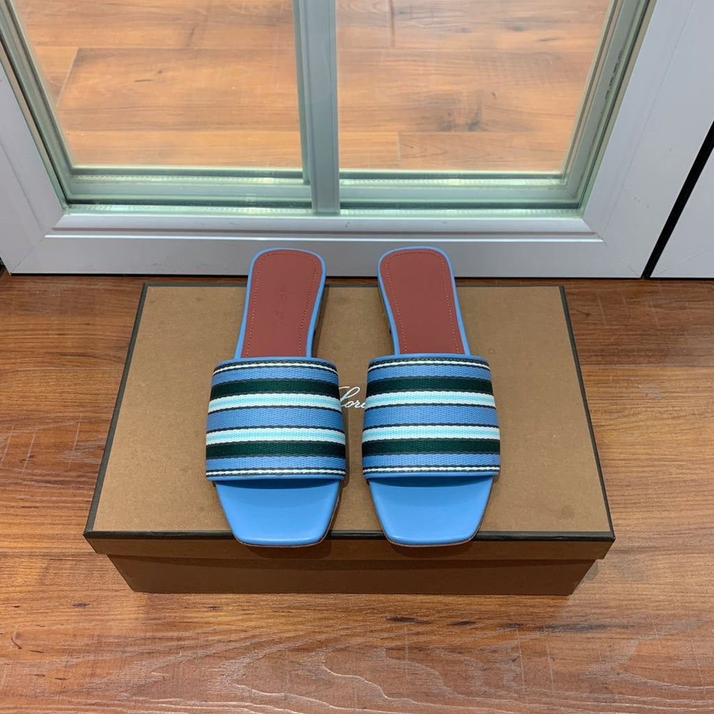 LP RAFFIA CHARMS FLATS SANDAL SKY AND BLACK CALFSKIN