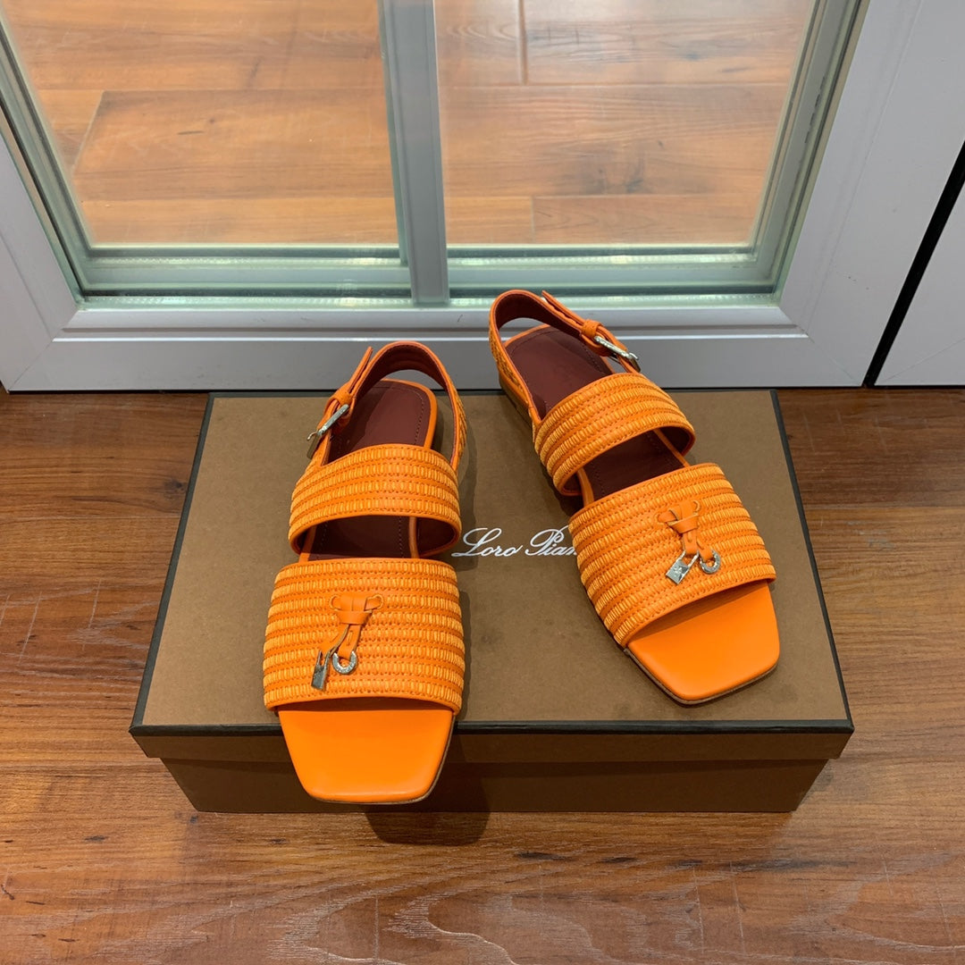 LP RAFFIA CHARMS STRAP FLATS SANDAL ORANGE CALFSKIN