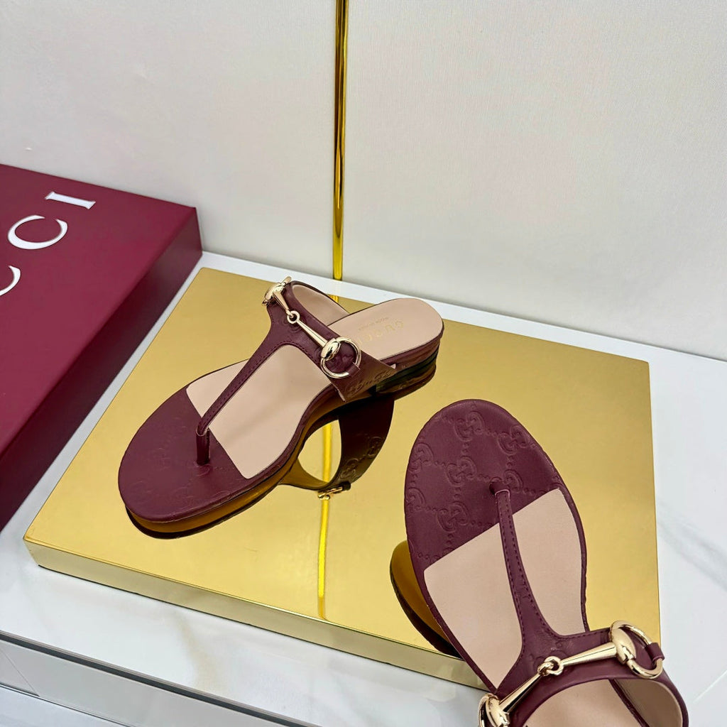 GUCCI THONG SANDALS 25S IN DARK RED LAMBSKIN WITH GOLD HARDWARE