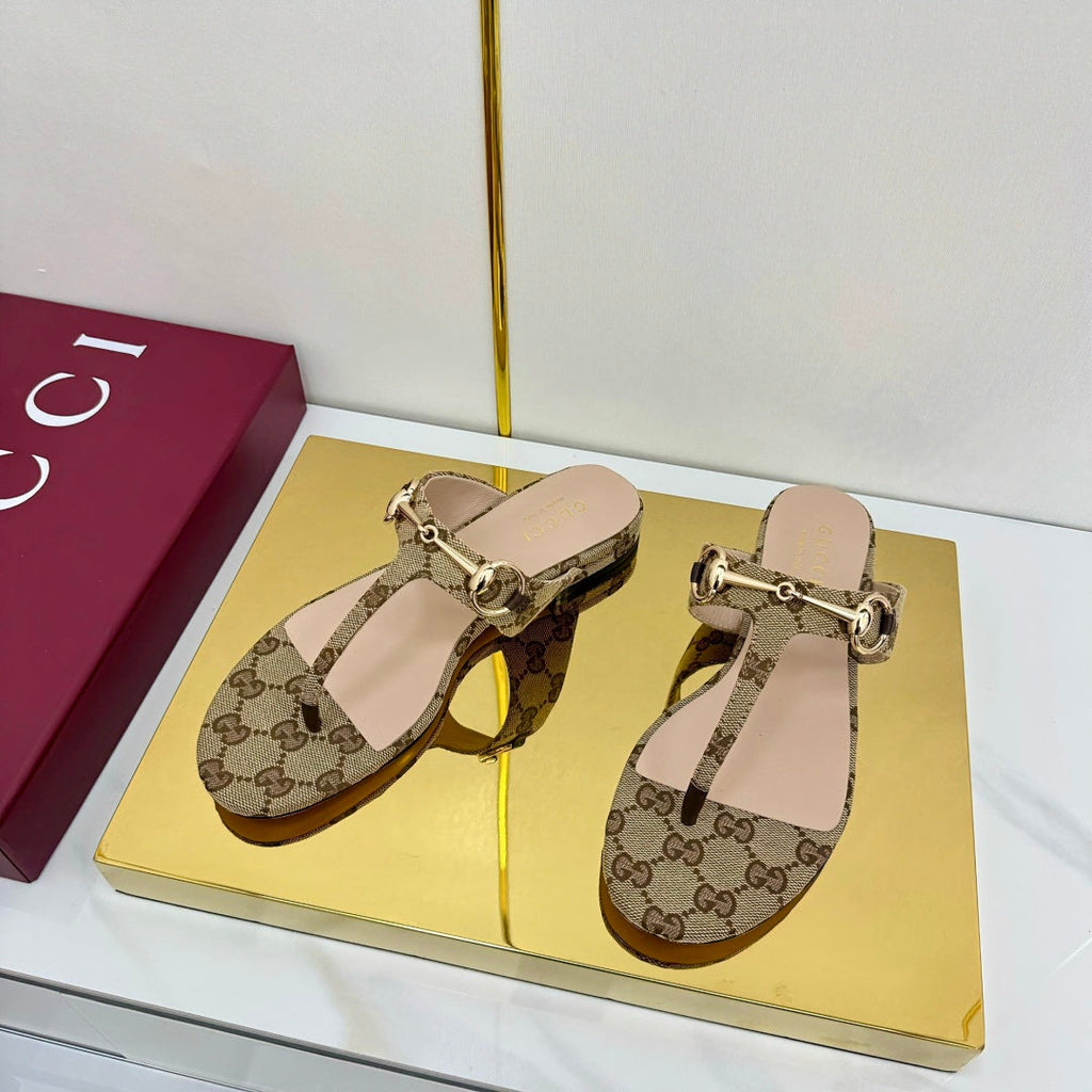 GUCCI THONG SANDALS 25S IN DARK BEIGE LAMBSKIN MIX CANVAS WITH GOLD HARDWARE
