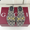 GUCCI SLIDE SANDALS IN WARM BEIGE FABRIC EMBOSSED LOGO
