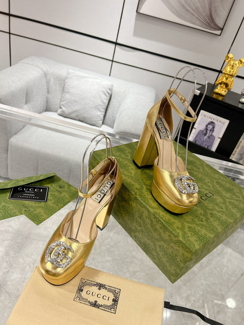 GUCCI CRYSTALS PLATFORM PUMPS METALLIC GOLD CALFSKIN