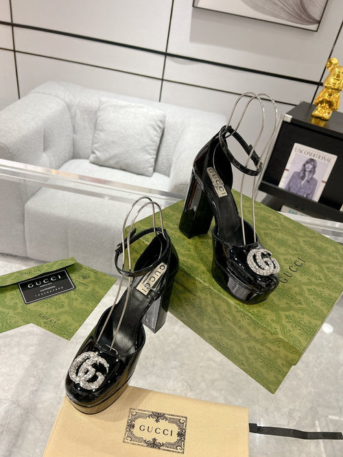 GUCCI CRYSTALS PLATFORM PUMPS BLACK CALFSKIN
