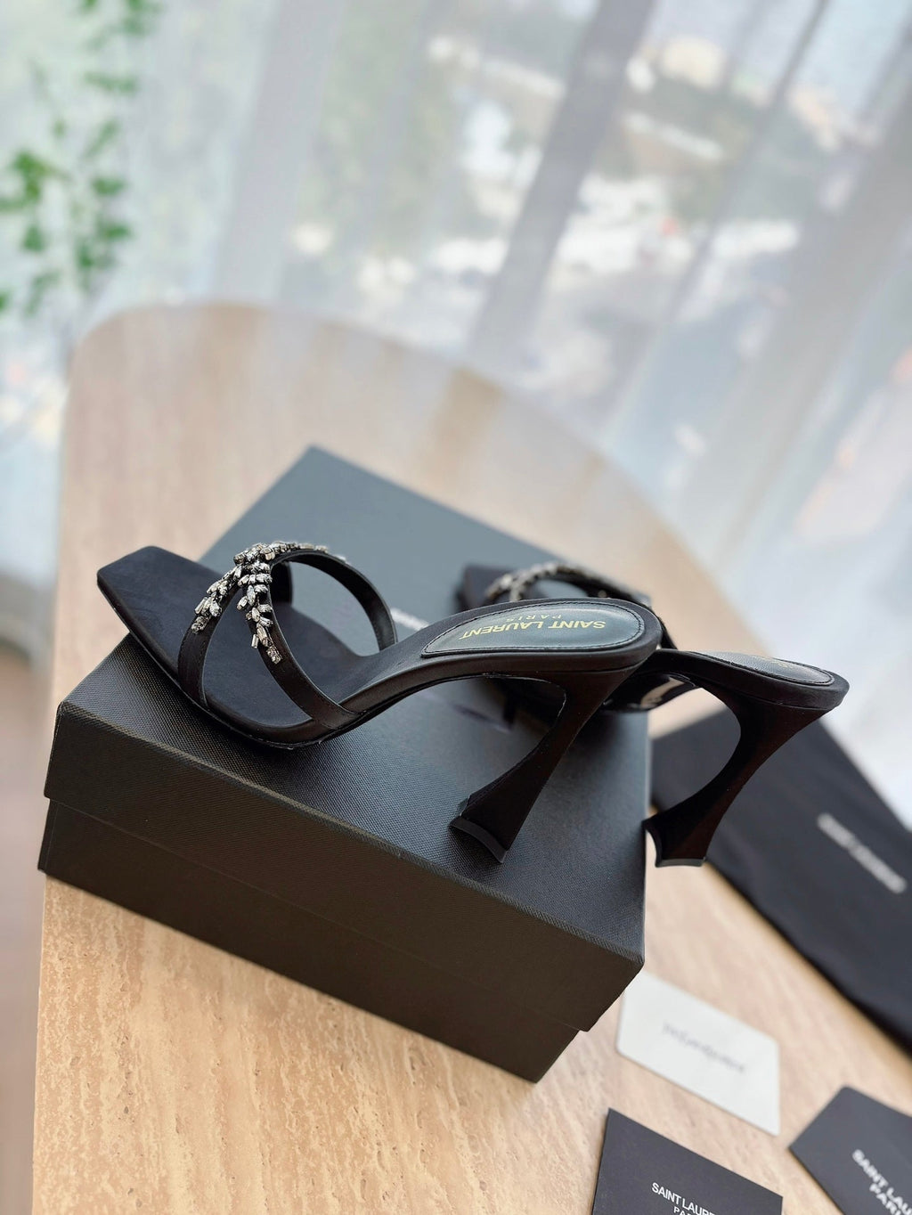 LOUIS VUITTON RAV HIGH HEEL 10 CM EMBELLISHED BLACK SATIN MULES