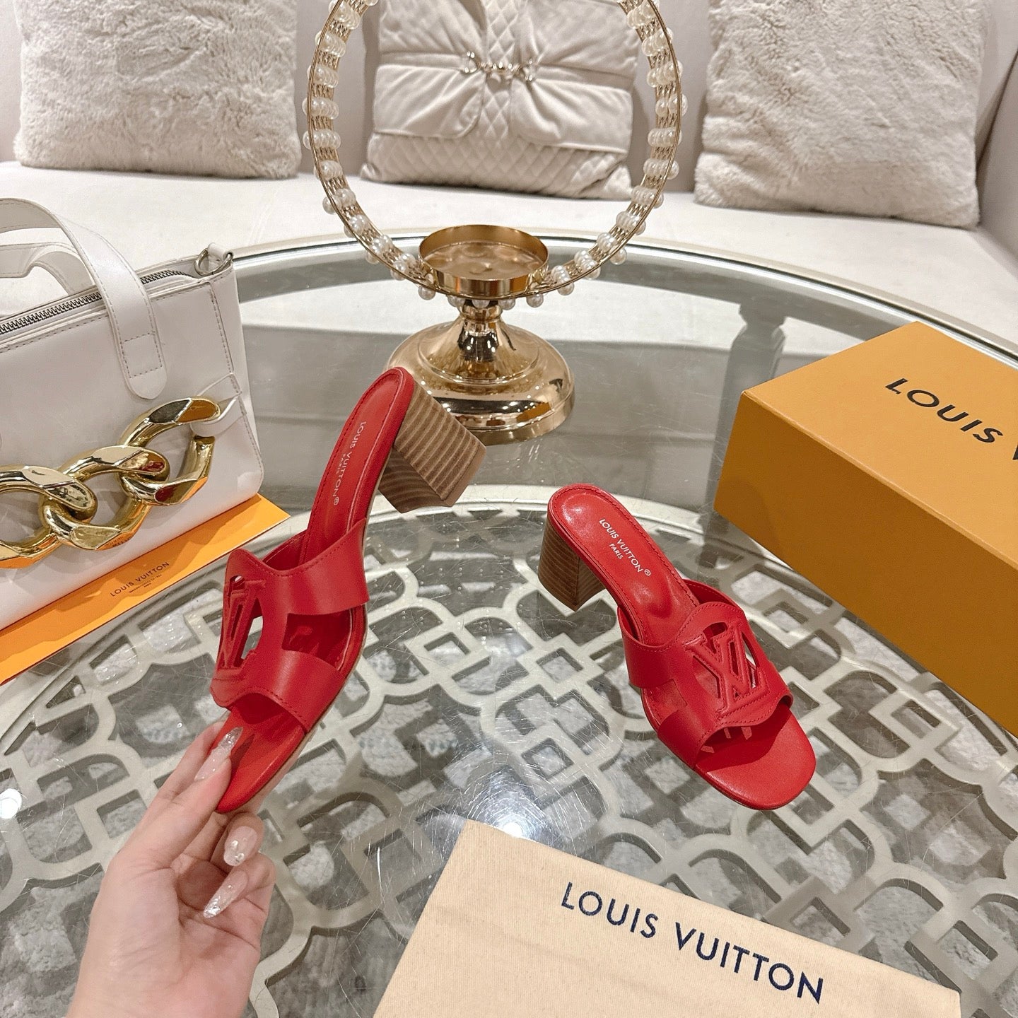 LOUIS VUITTON ISOLA HIGH 55 MM MULE IN CHERRY RED CALFSKIN