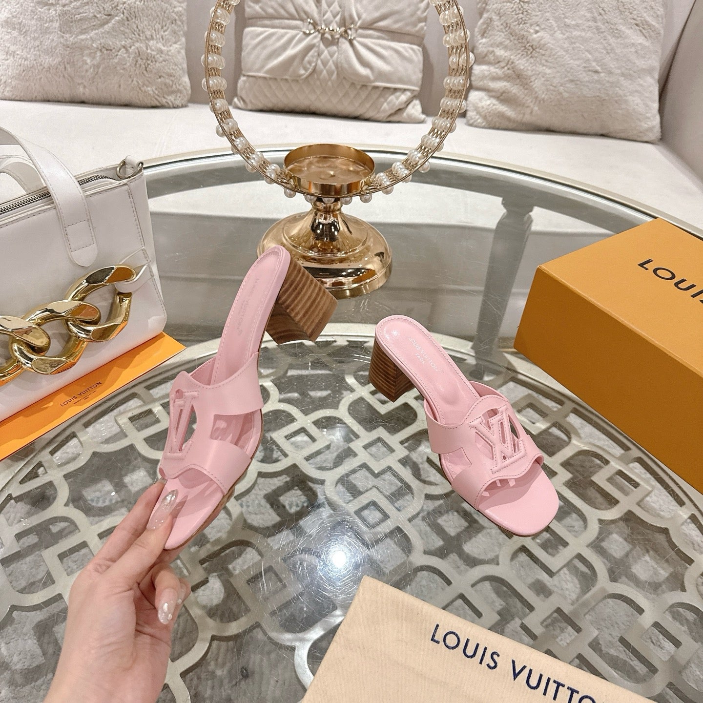 LOUIS VUITTON ISOLA HIGH 55 MM MULE IN PASTEL PINK CALFSKIN