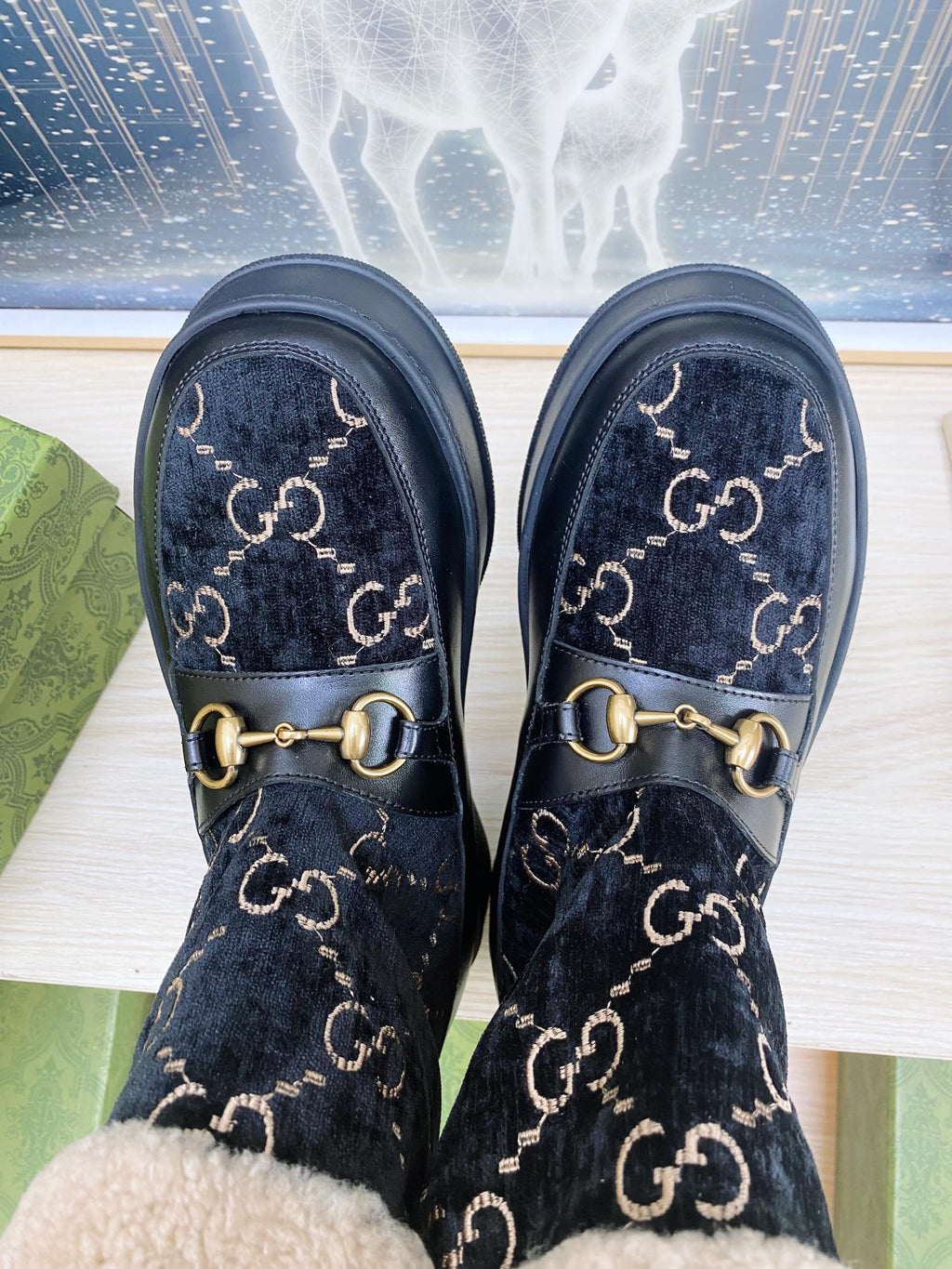 GUCCI HORSEBIT ANKLE BOOTS WITH MERINO TRIM IN BLACK VELVET AND CALFSKIN