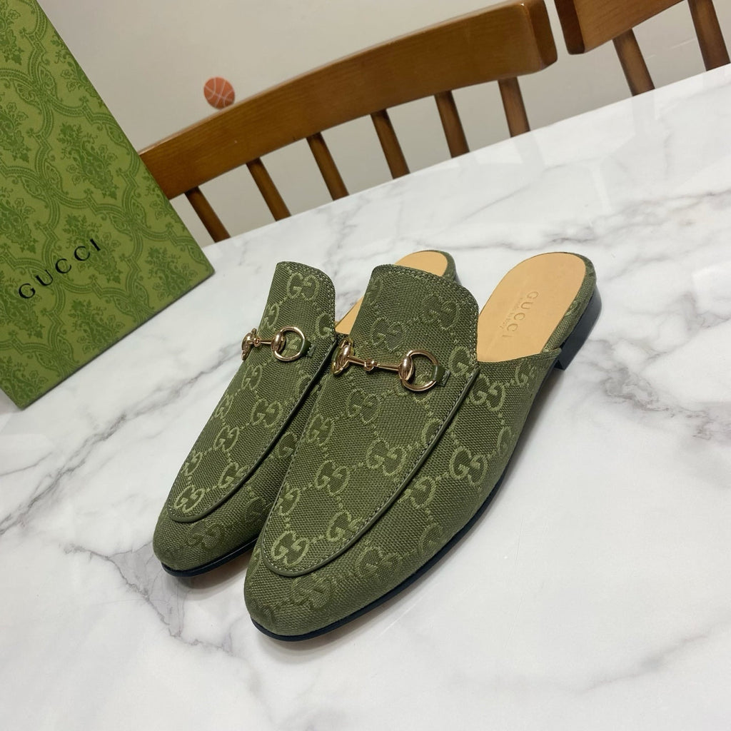 GUCCI MULES IN MOSS GREEN FABRIC GOLD HARD WARE