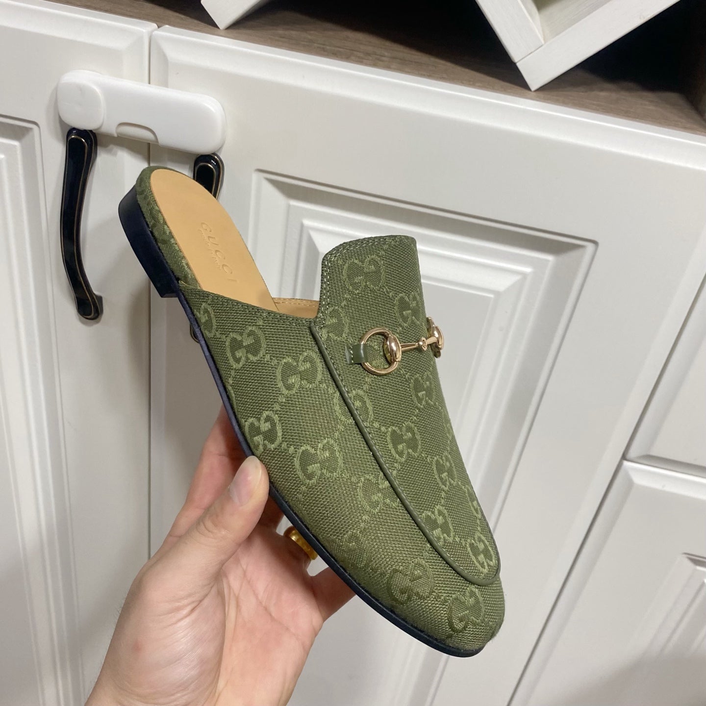 GUCCI MULES IN MOSS GREEN FABRIC GOLD HARD WARE