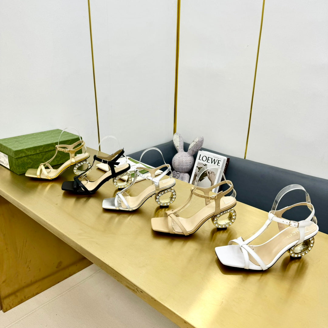 GUCCI MEDIUM-HEEL SANDAL IN TAN BEIGE CALFSKIN GOLD HARDWARE WITH RHINSTONES