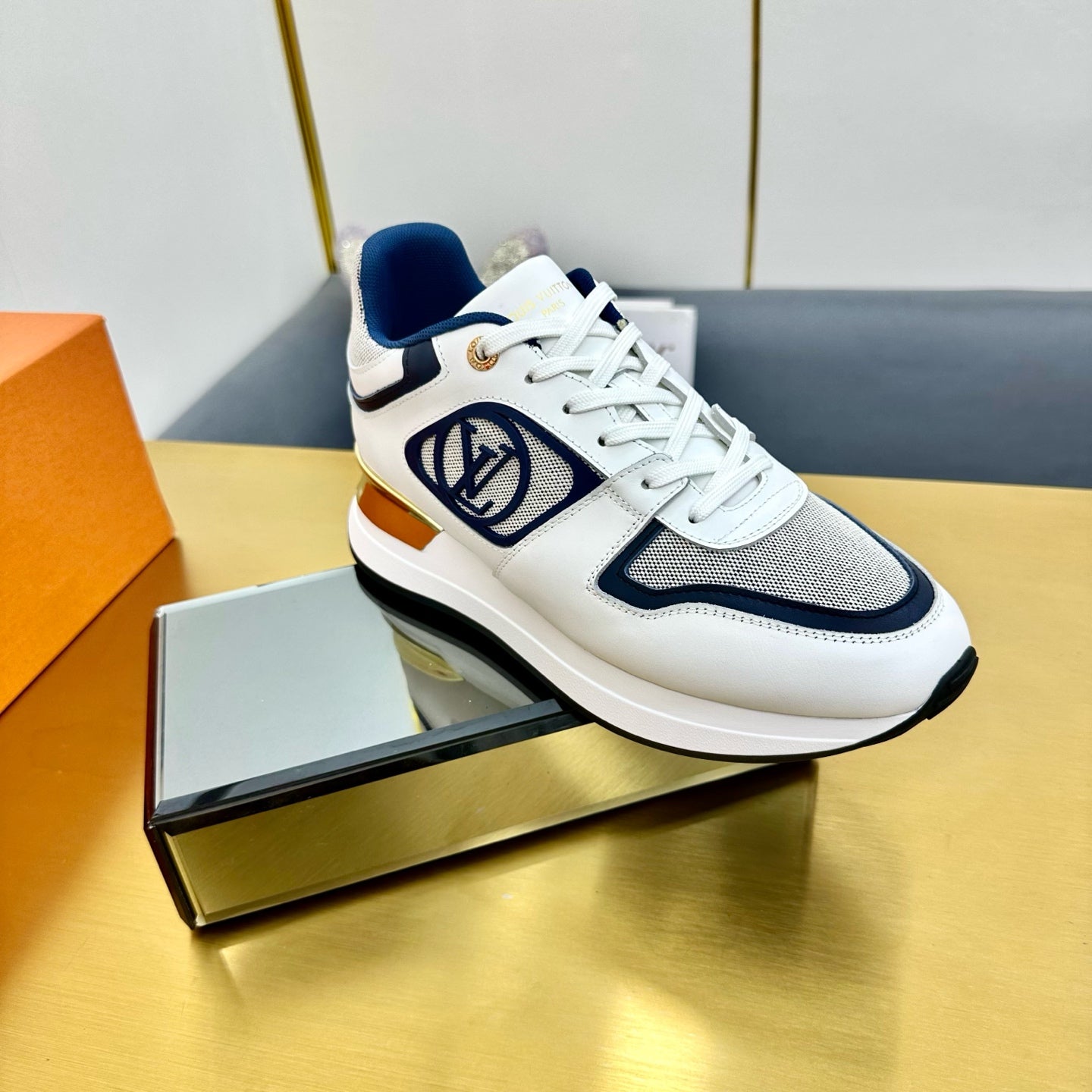 LOUIS VUITTON NEO RUN AWAY SNEAKER IN WHITE MIX NAVY BLUE CALFSKIN