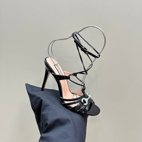 GUCCI CRYSTAL HORSEBIT STRAPPY SANDAL 10.5CM IN BLACK PATENT LEATHER